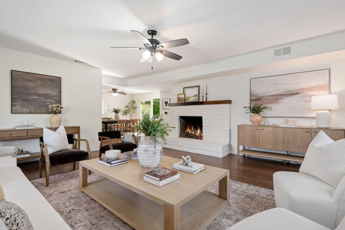 Dining room, Fireplace, Interior, Living room, Wood Texture Flooring