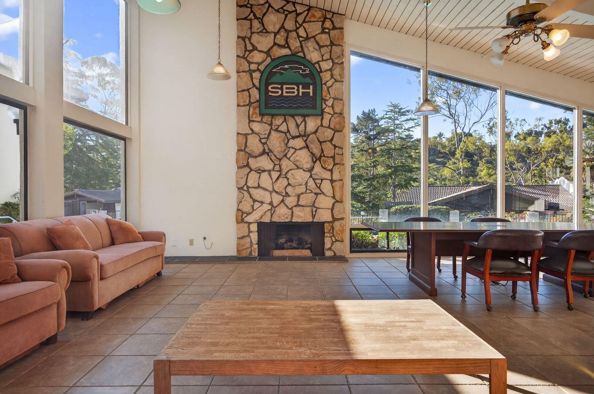 Dining room, Fireplace, Interior, Pendant Lights, Stone Walls