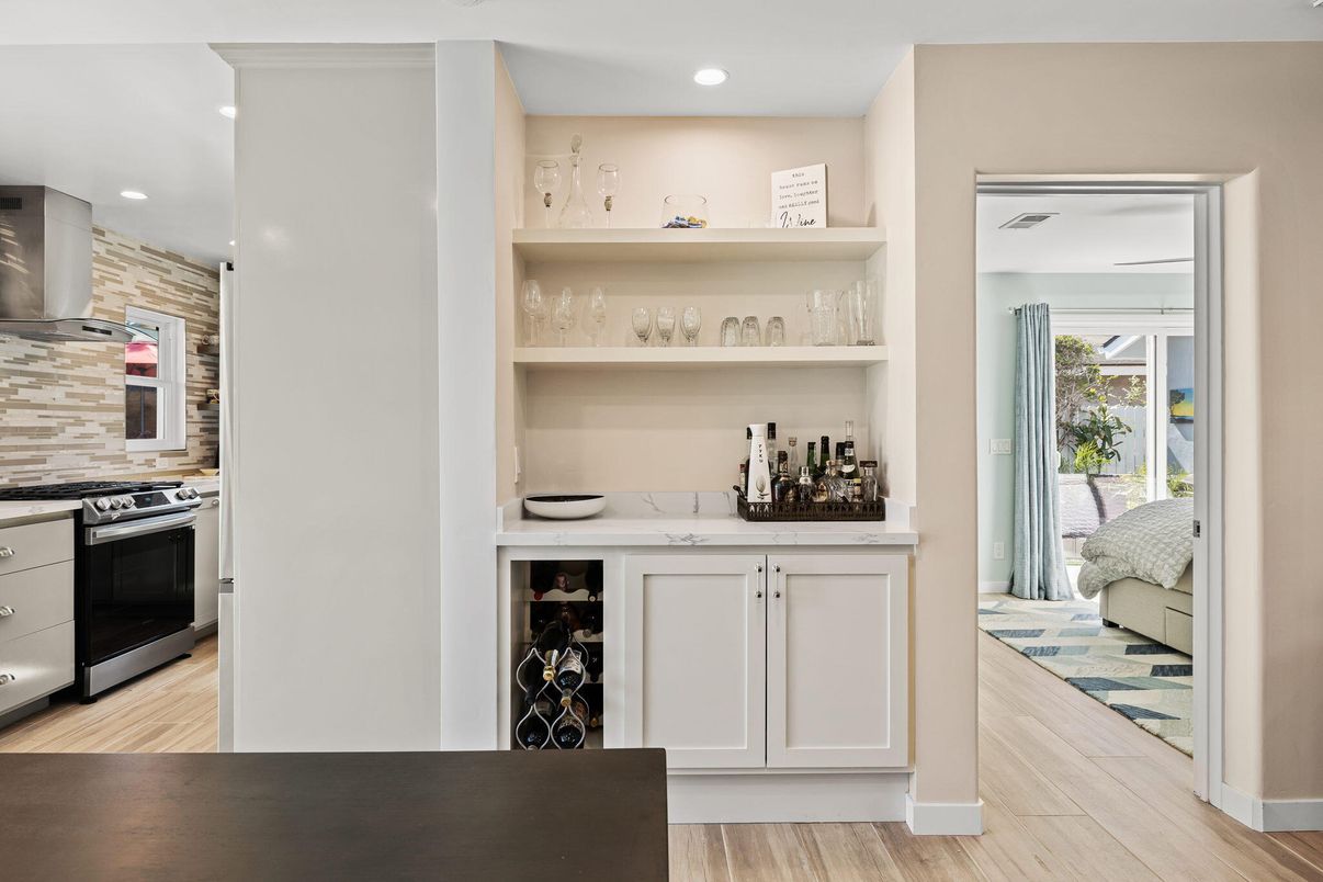 Interior, Kitchen, Recessed Lighting, Stainless Steel Appliances, Stone Walls, Wood Texture Flooring