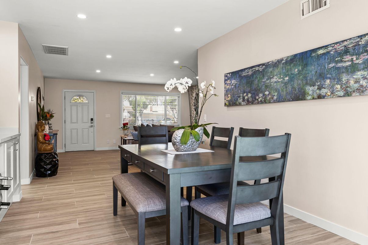 Dining room, Interior, Recessed Lighting, Wood Texture Flooring
