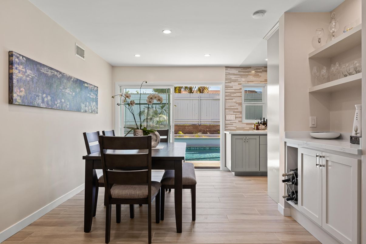 Dining room, Interior, Recessed Lighting, Wood Texture Flooring