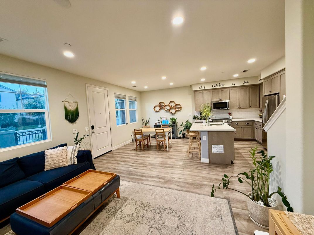 Dining room, Interior, Kitchen, Living room, Recessed Lighting, Stainless Steel Appliances, Wood Texture Flooring