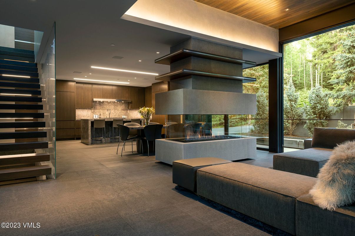 Dining room, Fireplace, Interior, Kitchen, Living room, Recessed Lighting, Stainless Steel Appliances, Wooden Ceilings