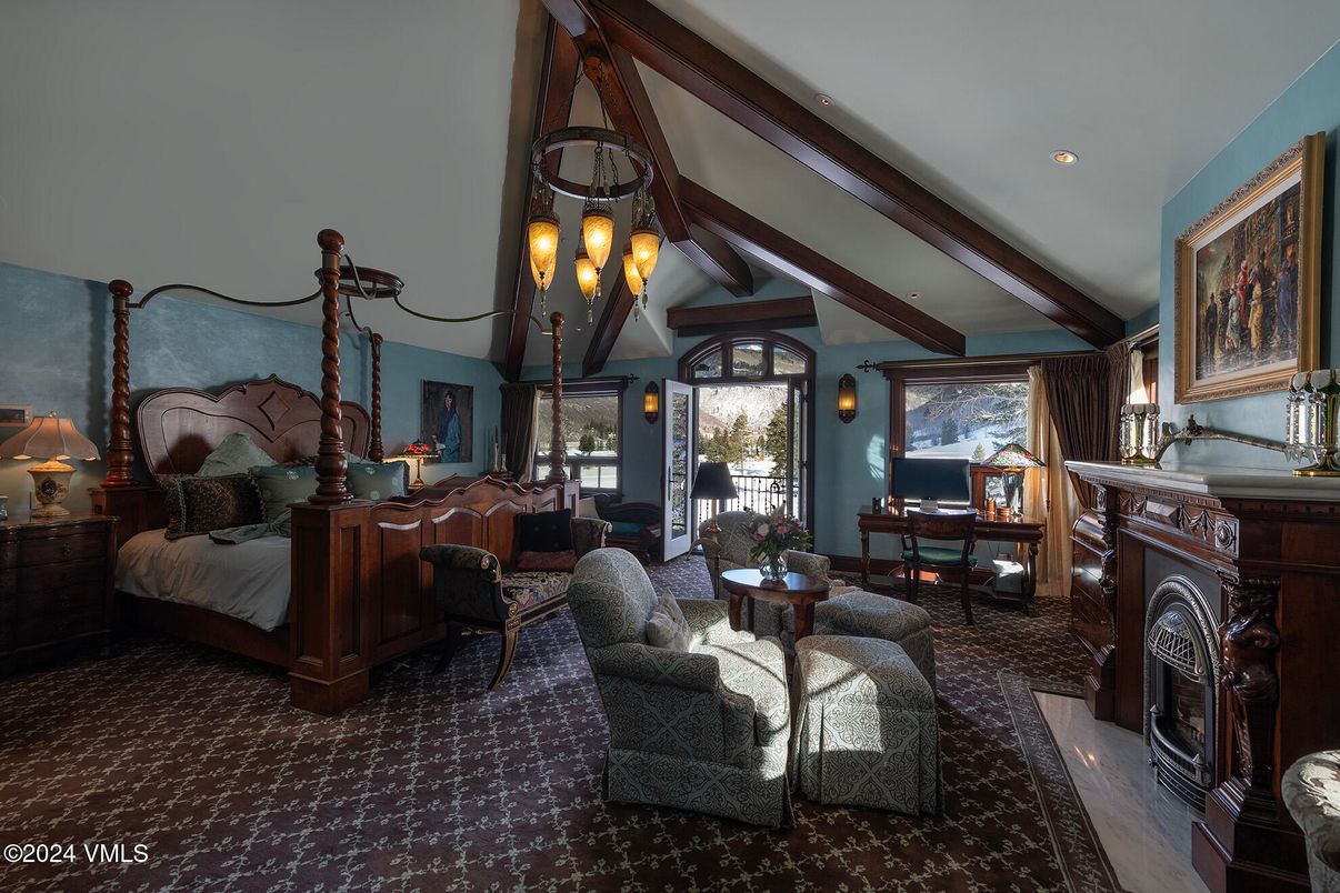 Bedroom, Chandelier, Fireplace, Interior, Living room, Recessed Lighting, Wooden Beams