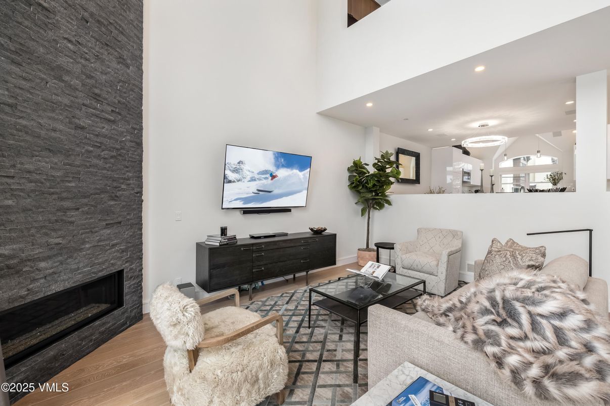 Fireplace, Interior, Living room, Recessed Lighting, Wood Texture Flooring