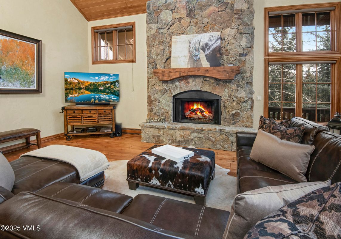 Fireplace, Interior, Living room, Stone Walls, Wood Texture Flooring