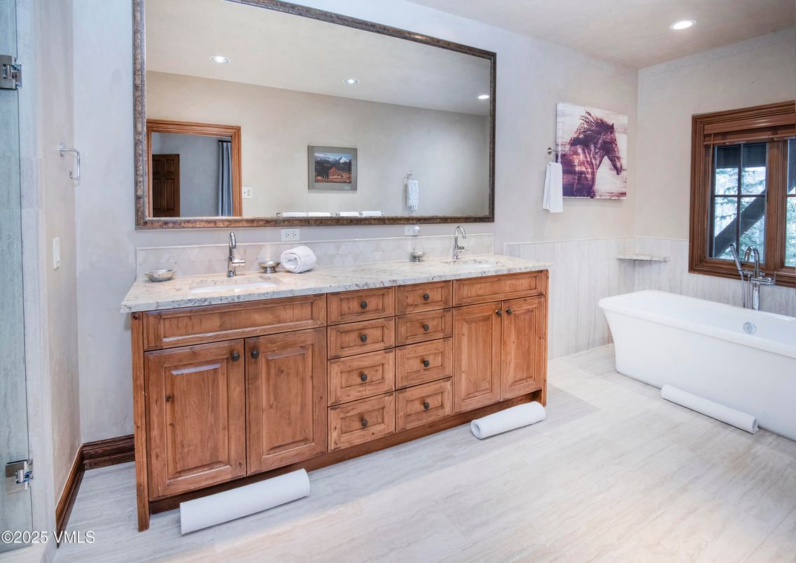 Bathroom, Dual Sink Vanities, Free Standing Baths, Interior, Recessed Lighting, Wood Texture Flooring