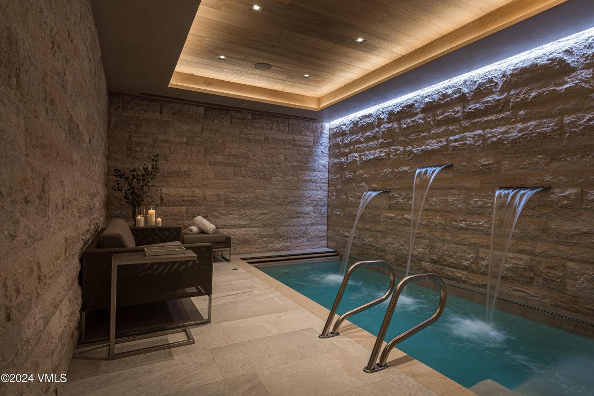 Interior, Pool, Recessed Lighting, Stone Walls, Wooden Ceilings