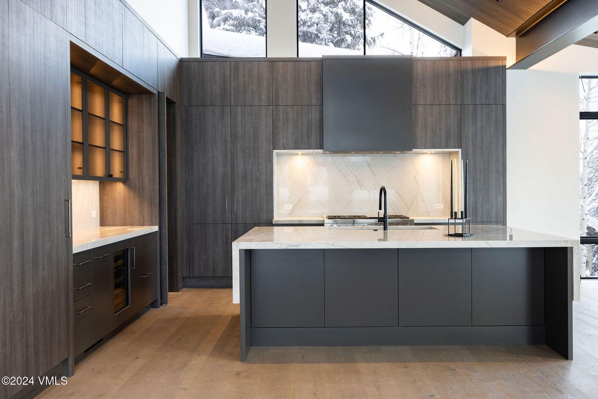 Interior, Kitchen, Marble Walls, Wood Texture Flooring