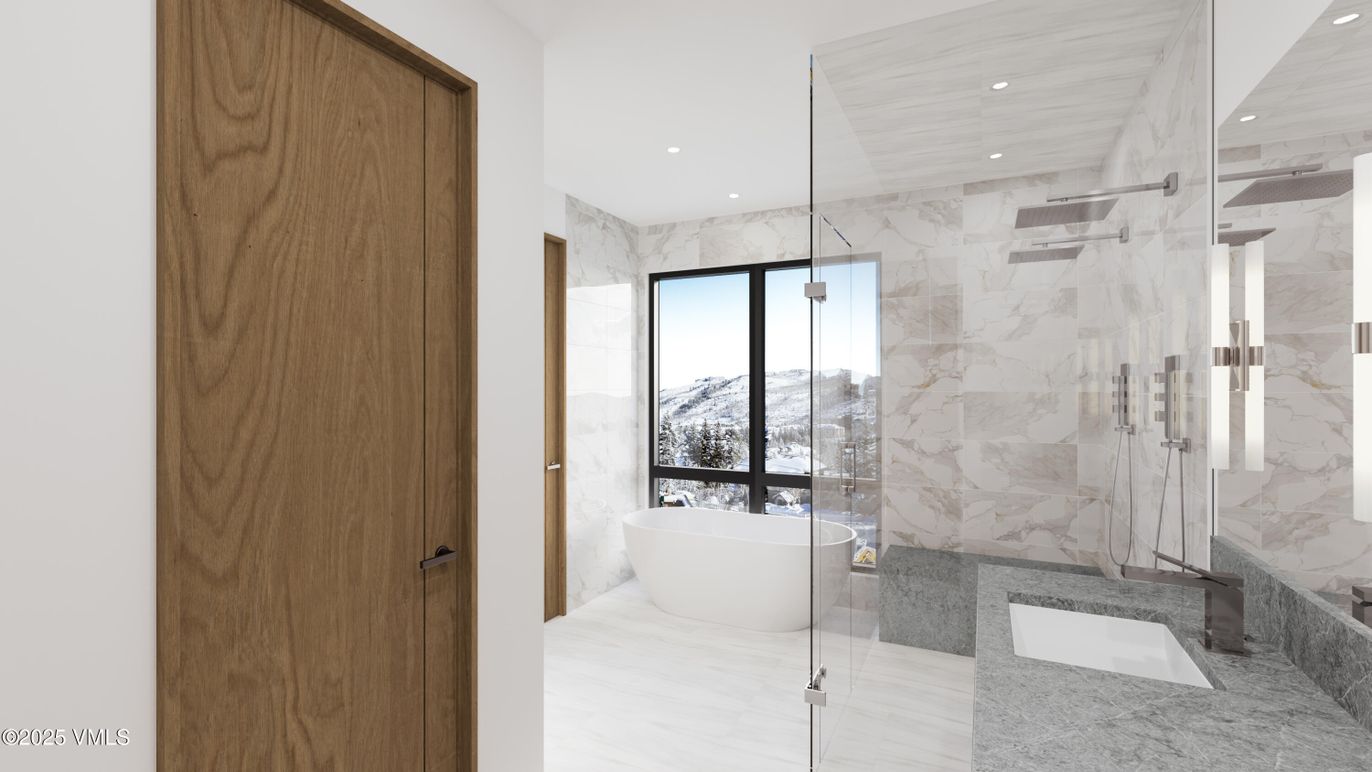 Bathroom, Free Standing Baths, Glass Shower, Interior, Marble, Marble Walls, Recessed Lighting