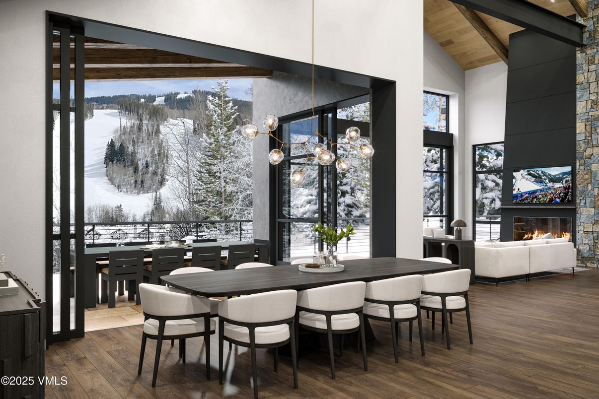 Dining room, Fireplace, Interior, Pendant Lights, Wooden Ceilings, Wood Texture Flooring