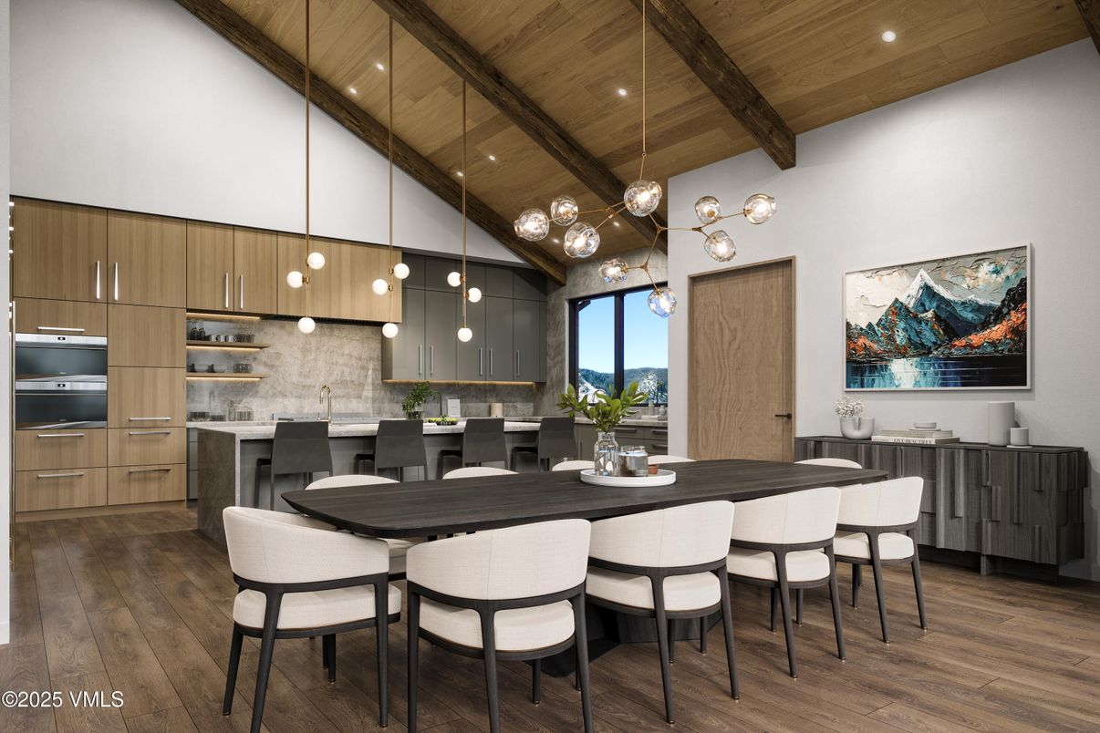 Dining room, Interior, Kitchen, Pendant Lights, Recessed Lighting, Stainless Steel Appliances, Wooden Beams, Wooden Ceilings, Wood Texture Flooring