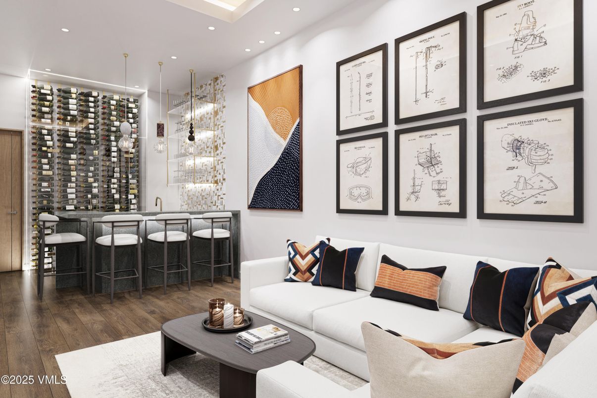 Interior, Living room, Pendant Lights, Recessed Lighting, Wine Storage, Wood Texture Flooring