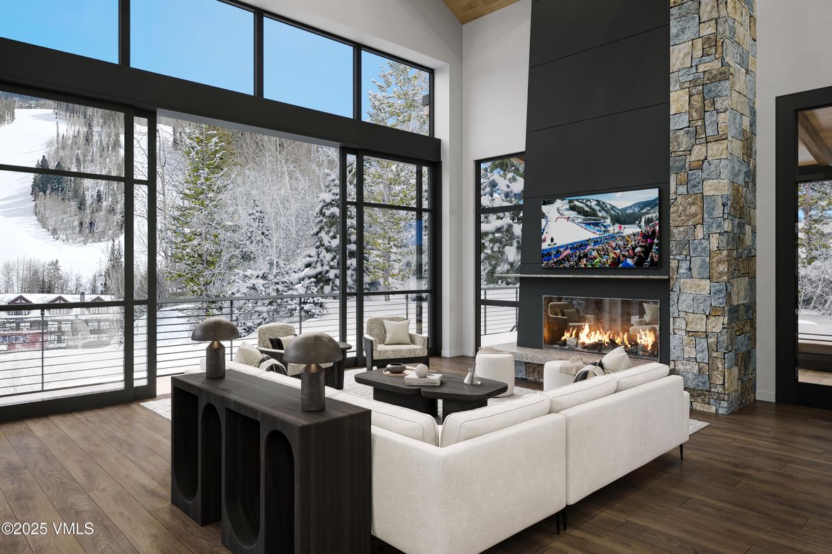 Fireplace, Interior, Living room, Stone Walls, Wood Texture Flooring