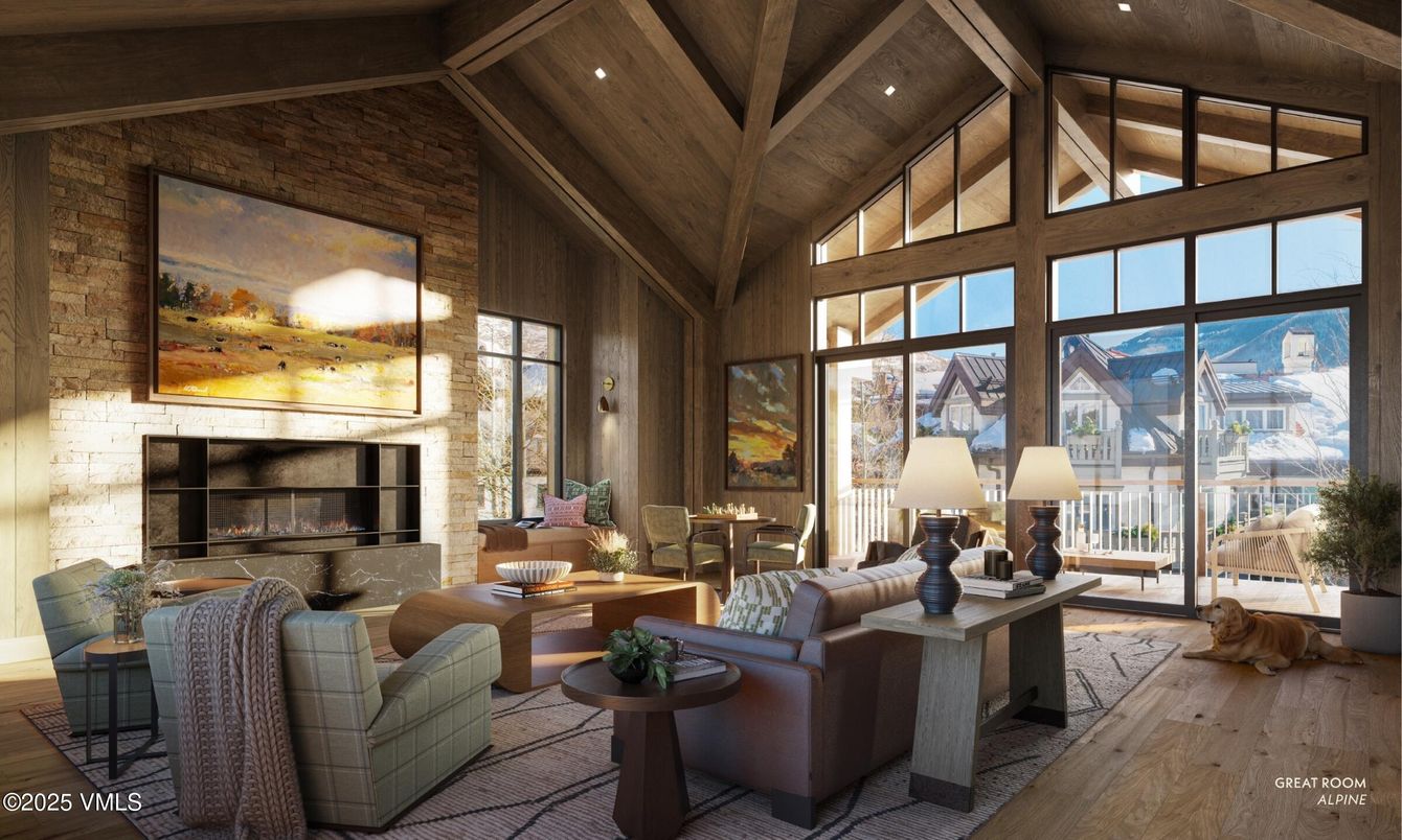 Fireplace, Interior, Living room, Recessed Lighting, Stone Walls, Wooden Beams, Wooden Ceilings, Wood Texture Flooring, Wooden Walls