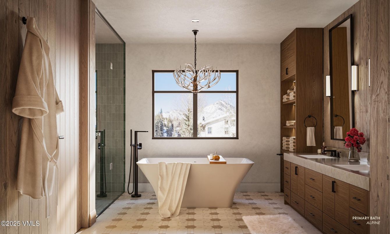 Bathroom, Chandelier, Dual Sink Vanities, Free Standing Baths, Glass Shower, Interior, Pendant Lights, Recessed Lighting