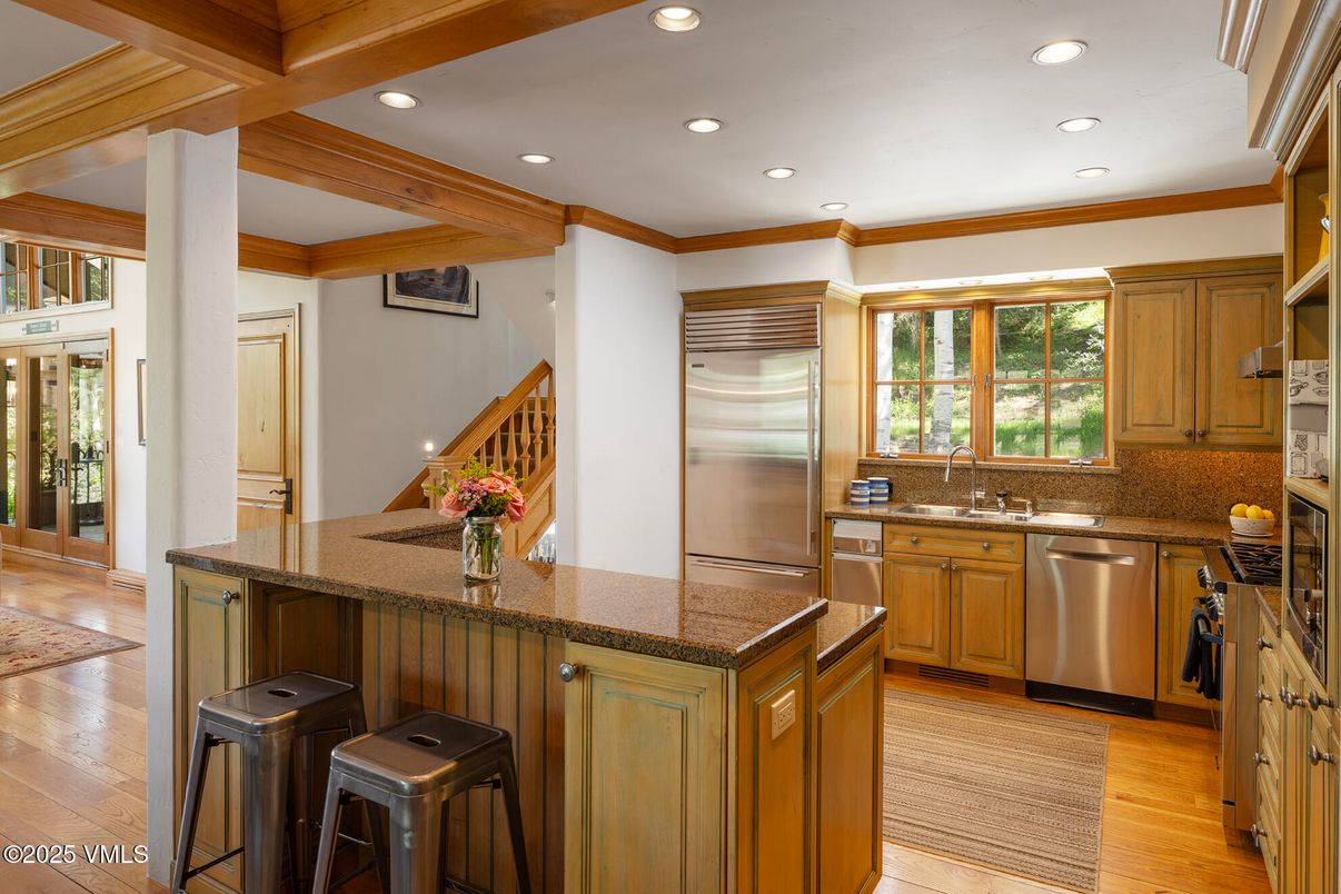 Interior, Kitchen, Recessed Lighting, Stainless Steel Appliances, Wooden Beams, Wood Texture Flooring