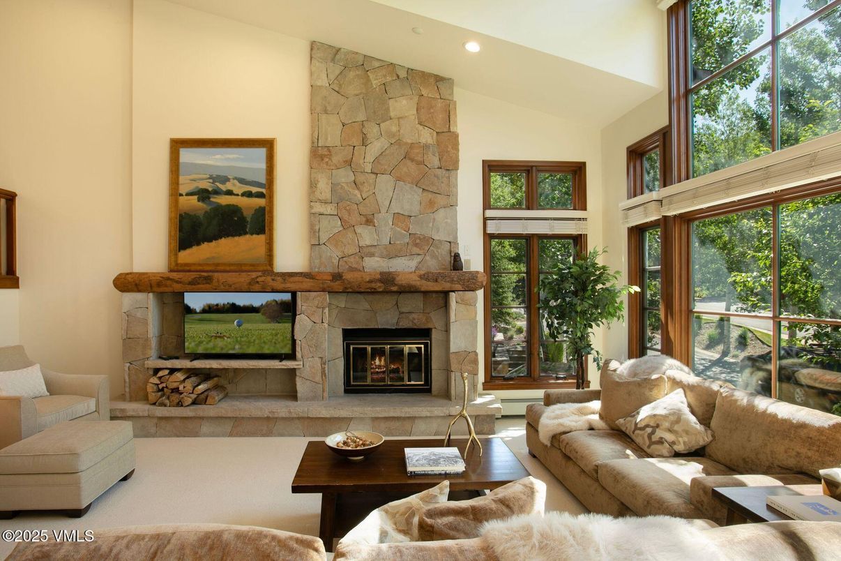 Fireplace, Interior, Living room, Recessed Lighting, Stone Walls