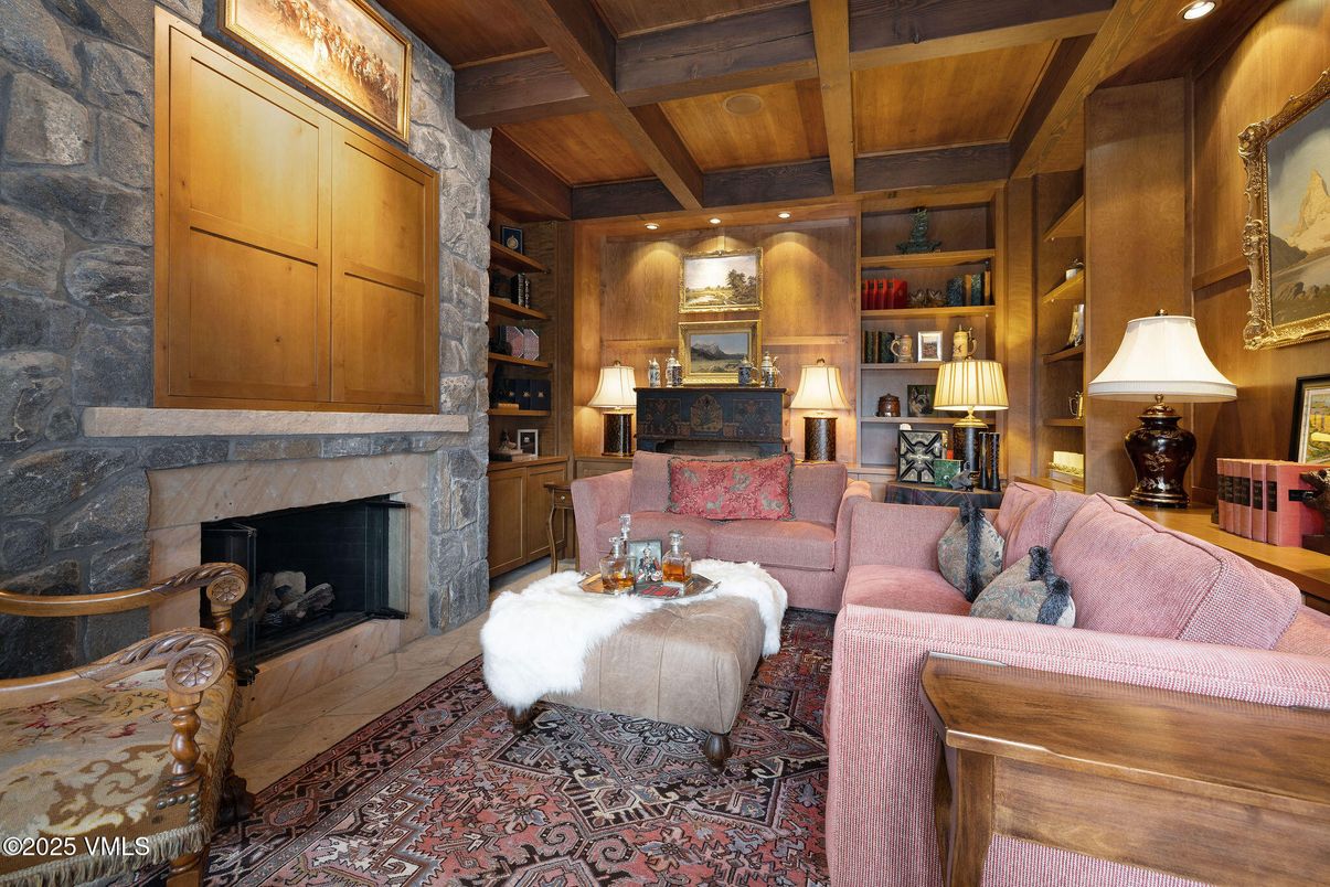 Fireplace, Interior, Living room, Recessed Lighting, Stone Walls, Wooden Beams, Wooden Ceilings