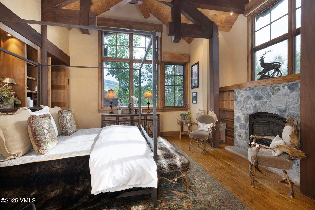 Bedroom, Fireplace, Interior, Wooden Beams, Wooden Ceilings, Wood Texture Flooring