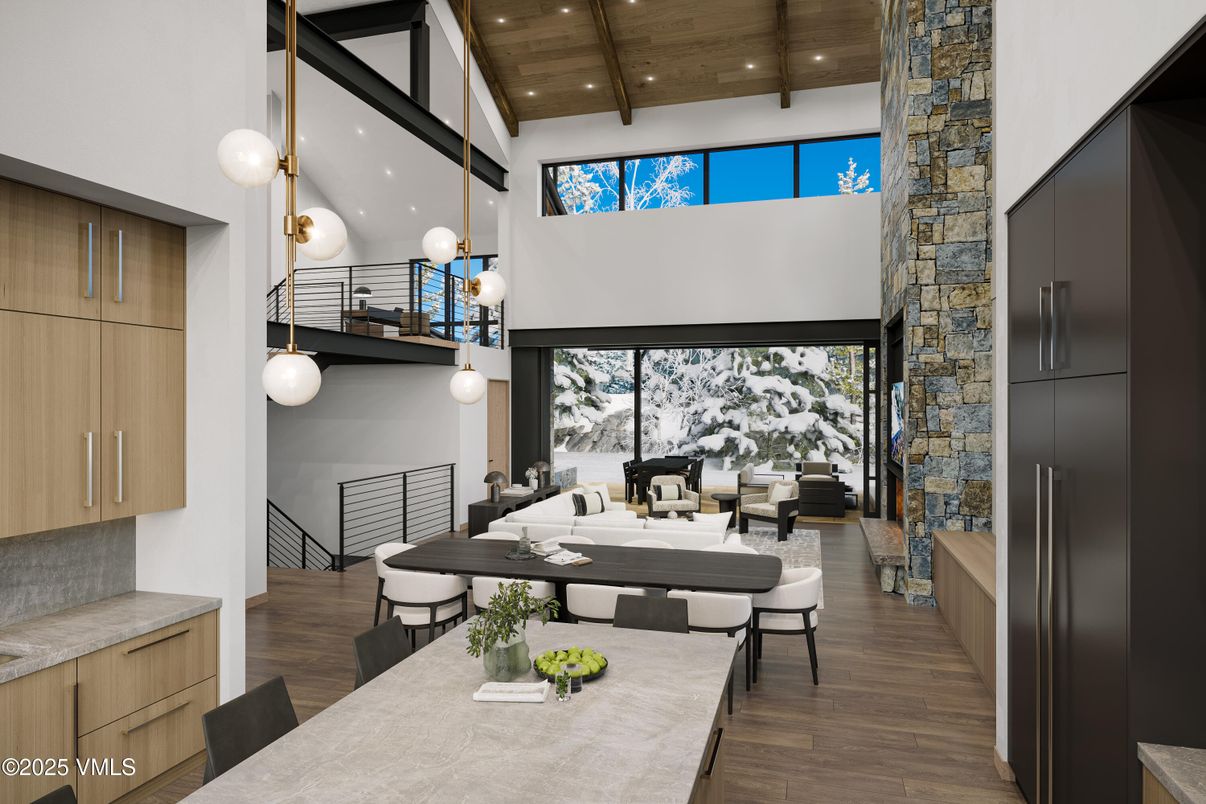 Dining room, Interior, Pendant Lights, Recessed Lighting, Stone Walls, Wooden Ceilings, Wood Texture Flooring