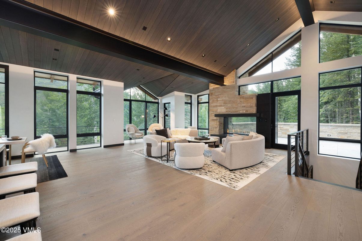 Fireplace, Interior, Living room, Recessed Lighting, Stone Walls, Wooden Beams, Wooden Ceilings, Wood Texture Flooring