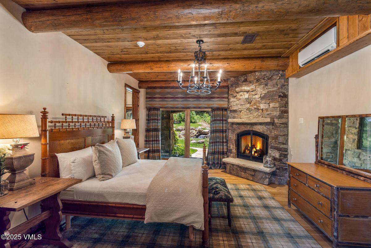 Bedroom, Chandelier, Fireplace, Interior, Wooden Beams, Wooden Ceilings, Wood Texture Flooring