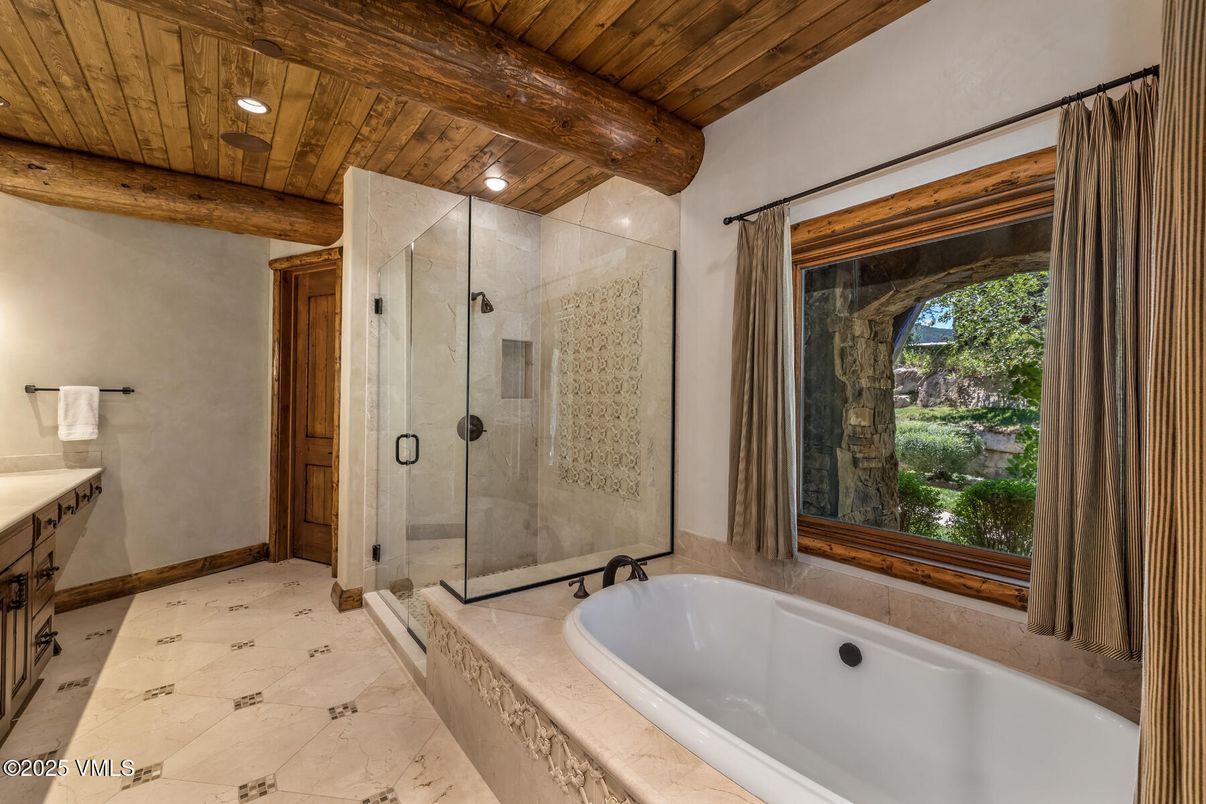 Bathroom, Glass Shower, Interior, Marble, Recessed Lighting, Wooden Beams, Wooden Ceilings