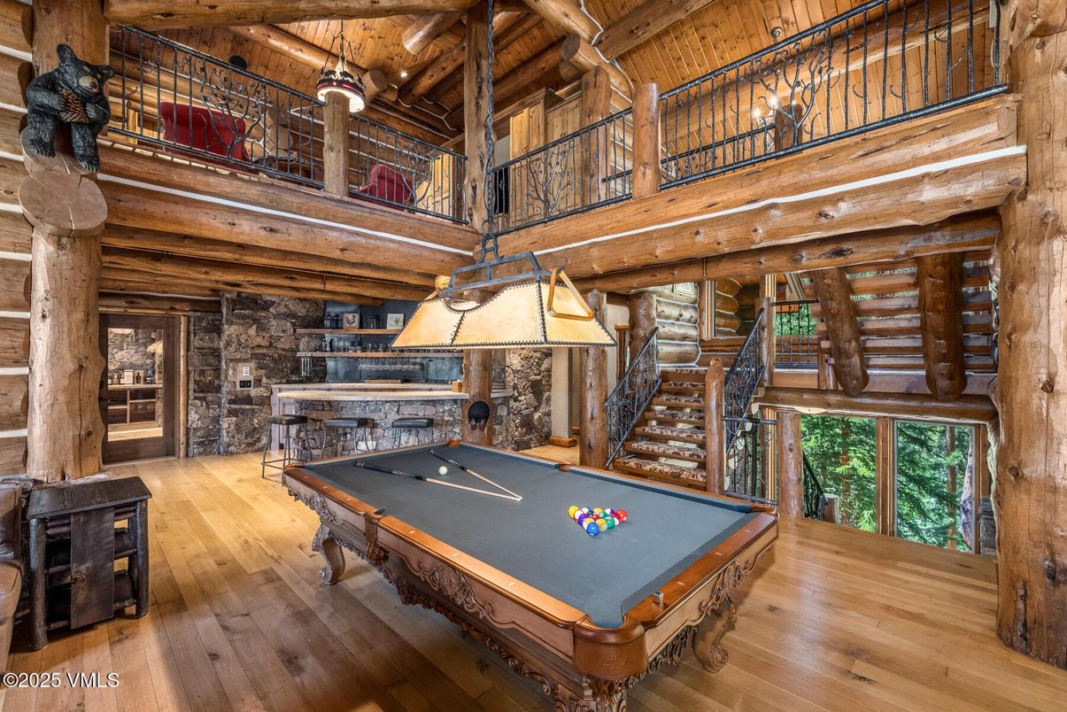 Billiard Table, Fireplace, Game Room, Interior, Stone Walls, Wooden Beams, Wooden Ceilings, Wood Texture Flooring, Wooden Walls