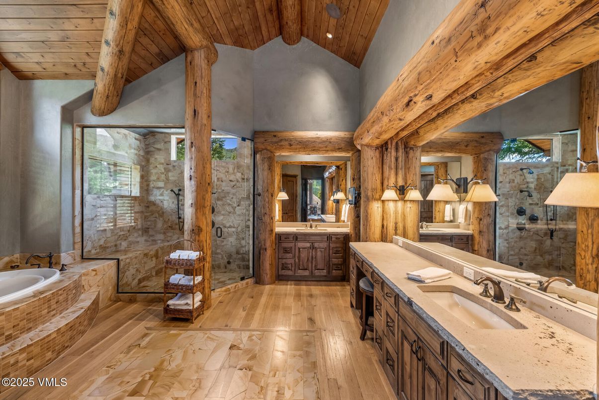 Bathroom, Dual Sink Vanities, Glass Shower, Interior, Recessed Lighting, Wooden Beams, Wooden Ceilings, Wood Texture Flooring