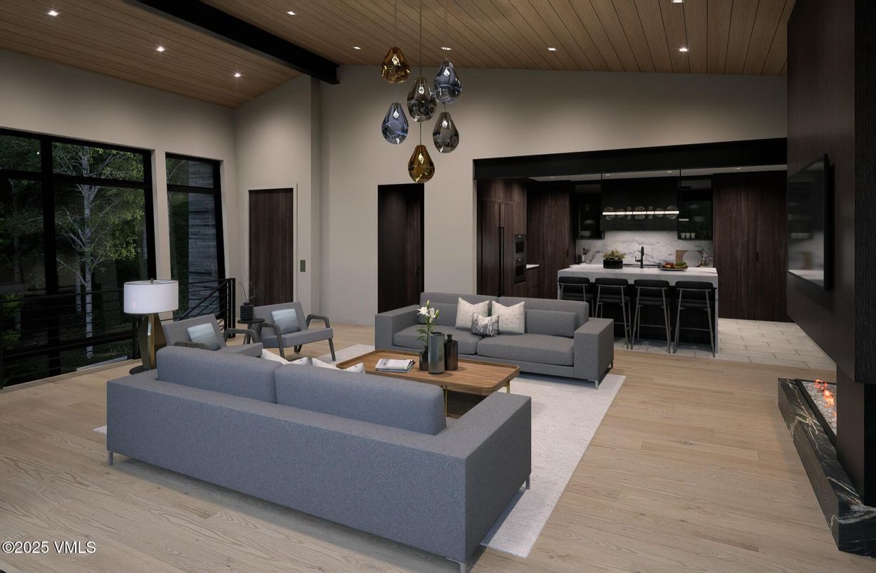Interior, Kitchen, Living room, Pendant Lights, Recessed Lighting, Wooden Ceilings, Wood Texture Flooring