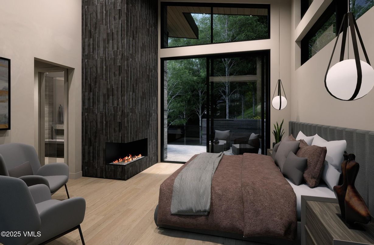Bedroom, Fireplace, Interior, Pendant Lights, Wood Texture Flooring