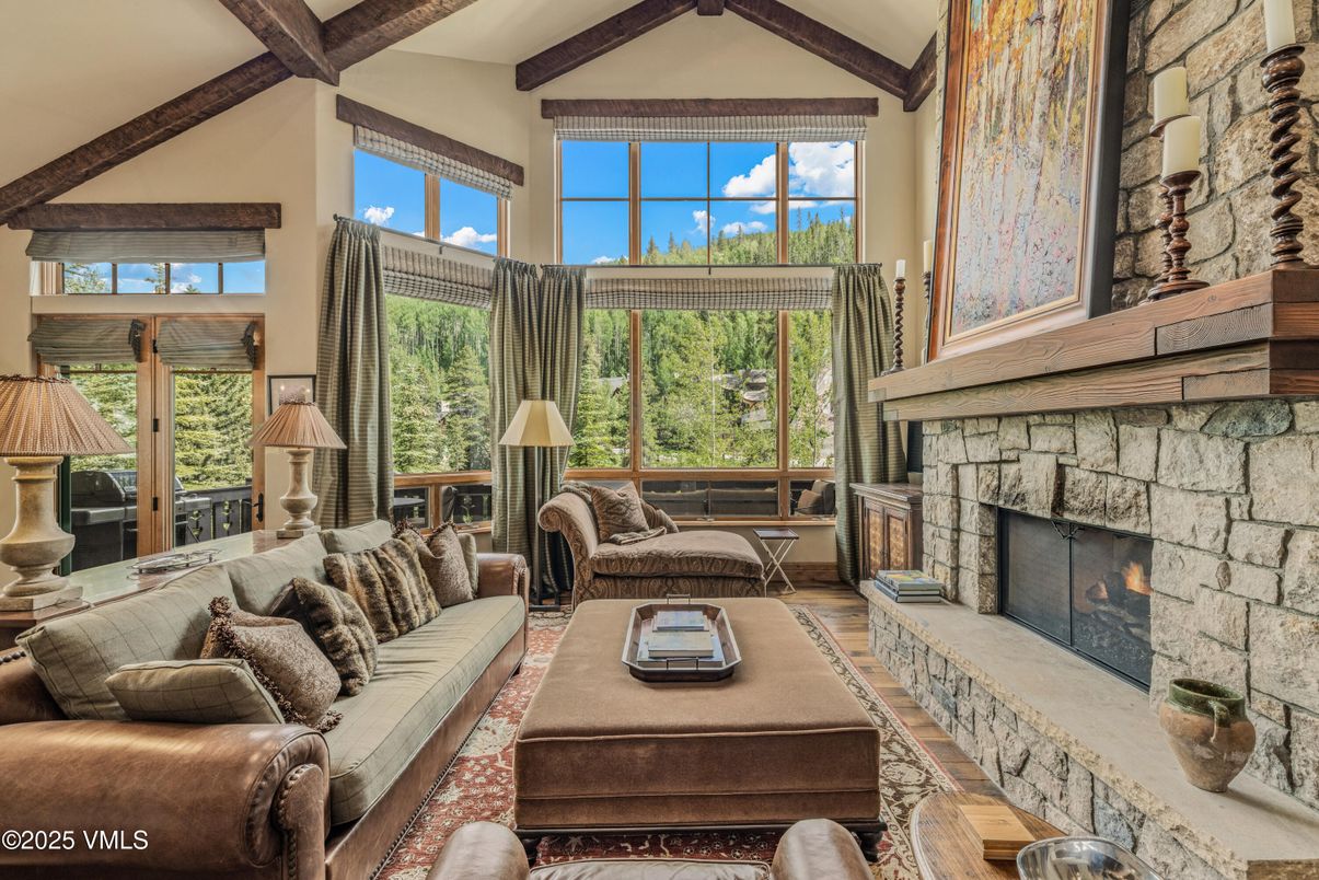 Fireplace, Interior, Living room, Stone Walls, Wooden Beams, Wood Texture Flooring