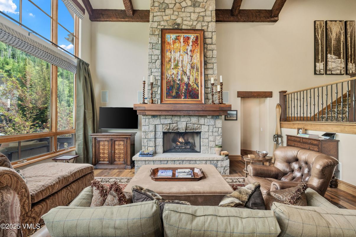Fireplace, Interior, Living room, Stone Walls, Wooden Beams, Wood Texture Flooring