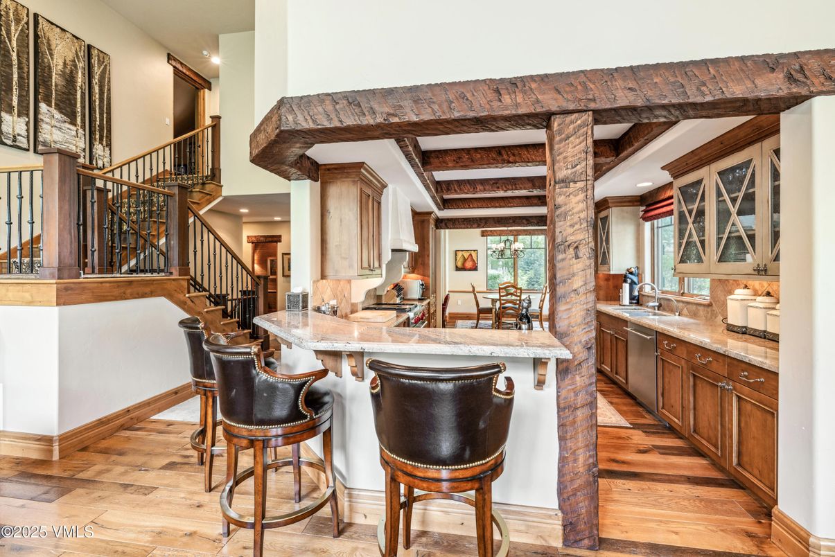 Dining room, Interior, Kitchen, Recessed Lighting, Wooden Beams, Wood Texture Flooring