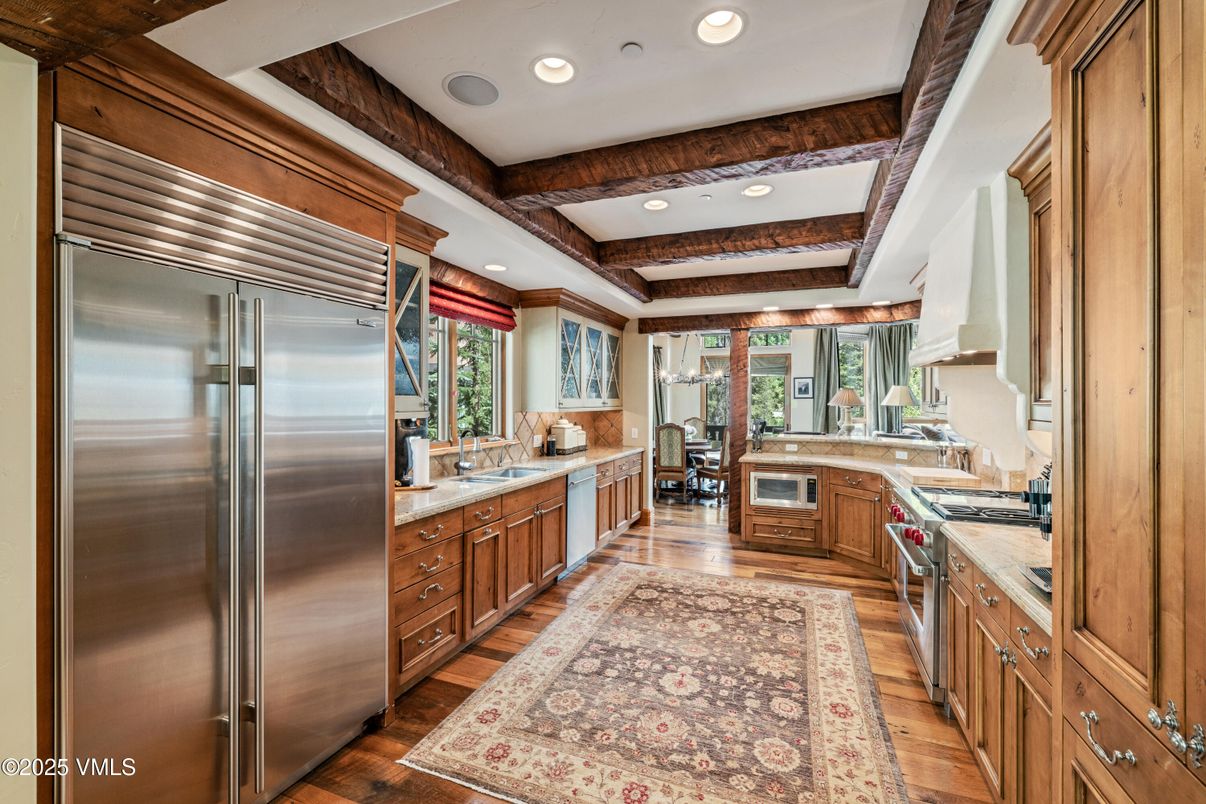 Interior, Kitchen, Recessed Lighting, Stainless Steel Appliances, Wooden Beams, Wood Texture Flooring
