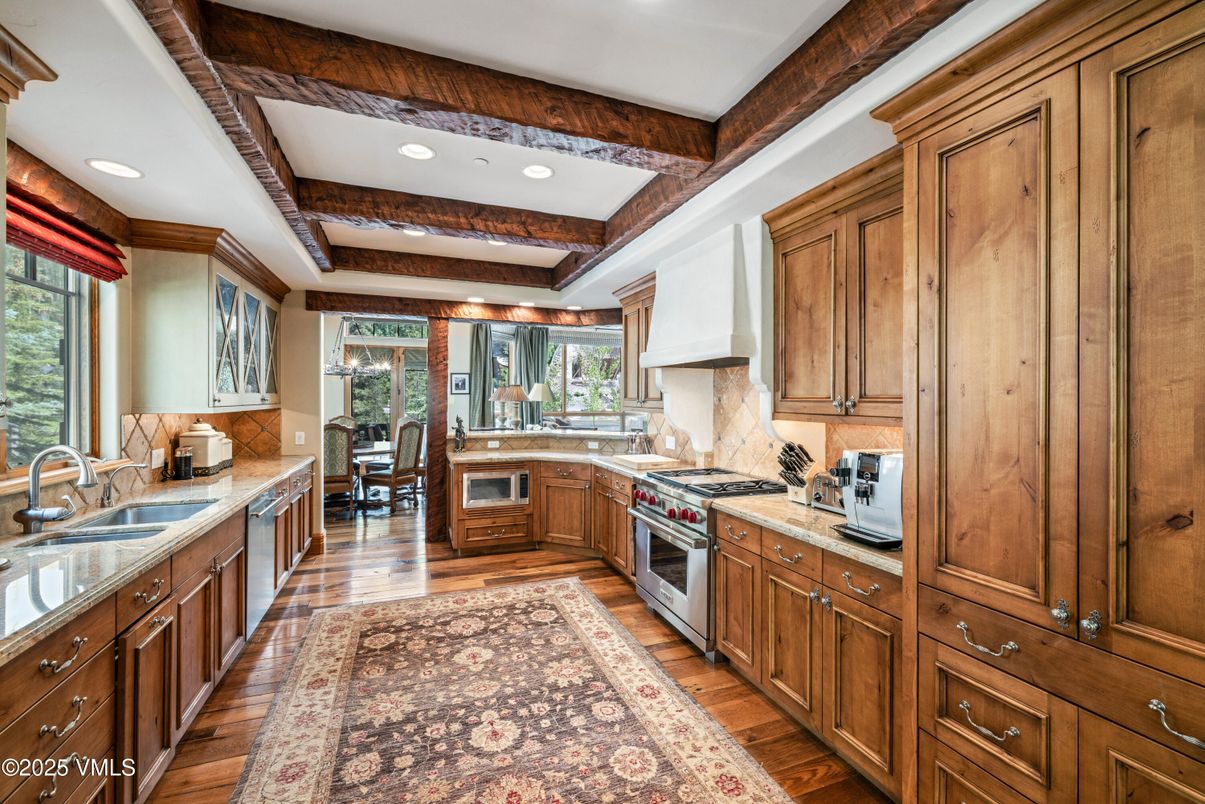 Interior, Kitchen, Recessed Lighting, Stainless Steel Appliances, Wooden Beams, Wood Texture Flooring