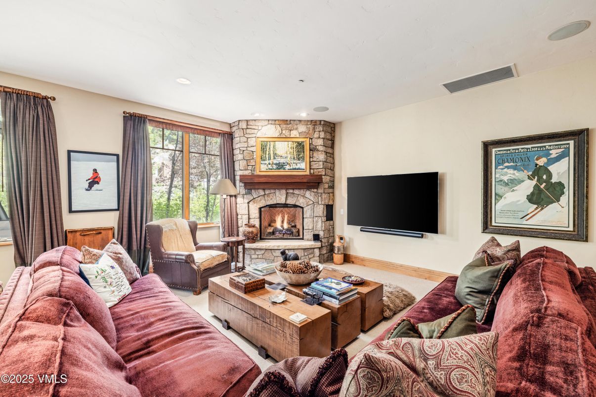 Fireplace, Interior, Living room, Recessed Lighting, Stone Walls