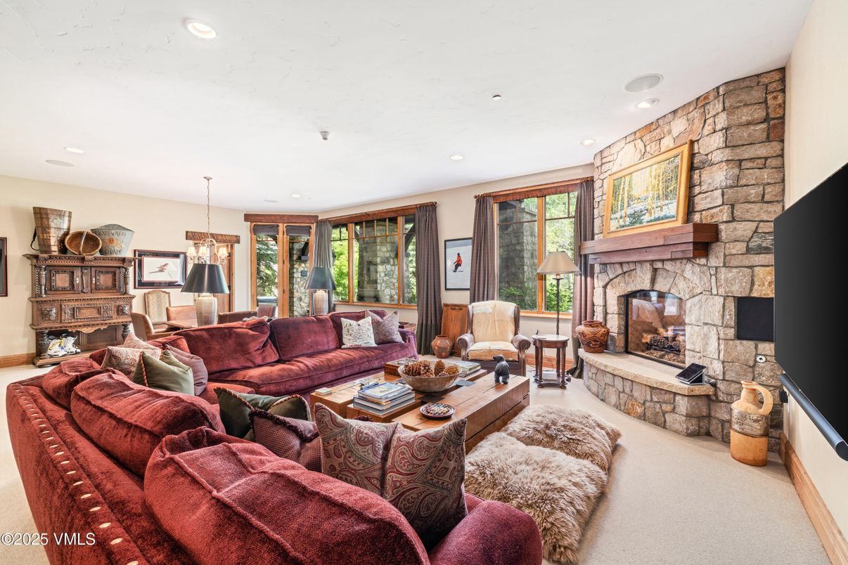 Dining room, Fireplace, Interior, Living room, Pendant Lights, Recessed Lighting, Stone Walls