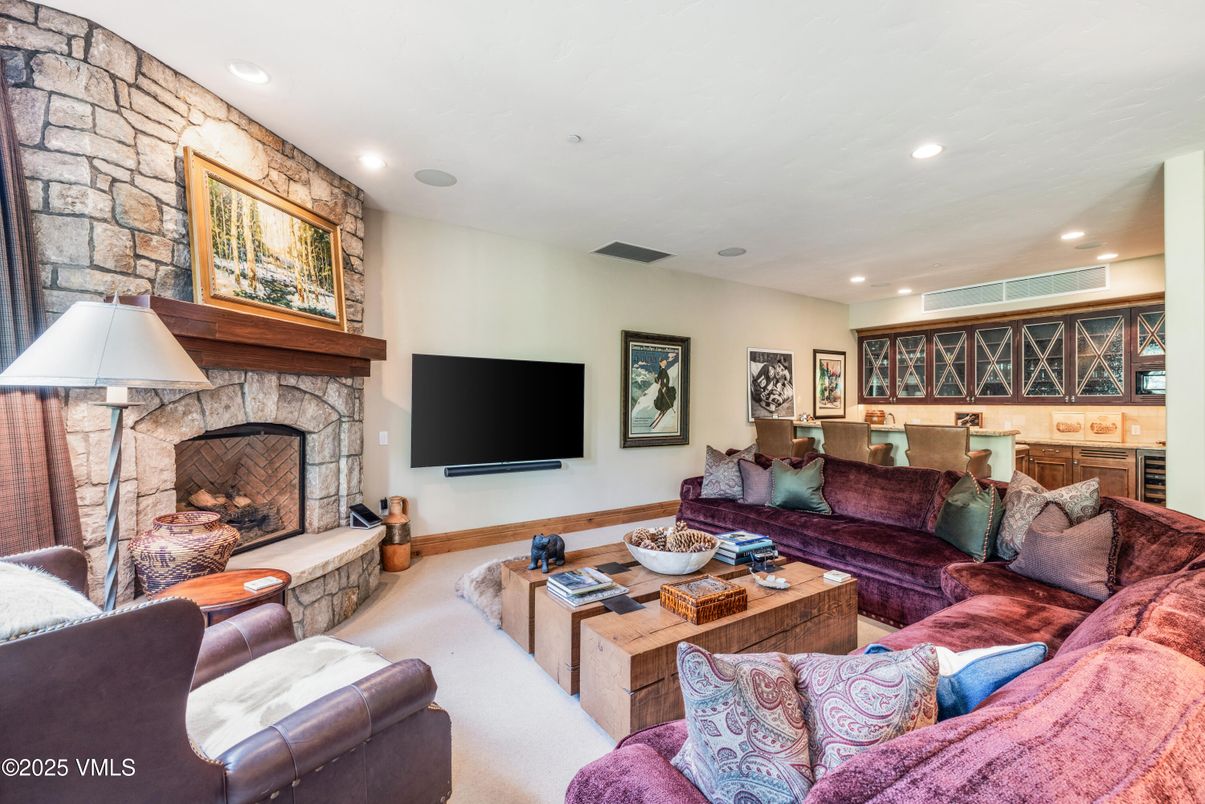 Fireplace, Interior, Living room, Recessed Lighting, Stone Walls