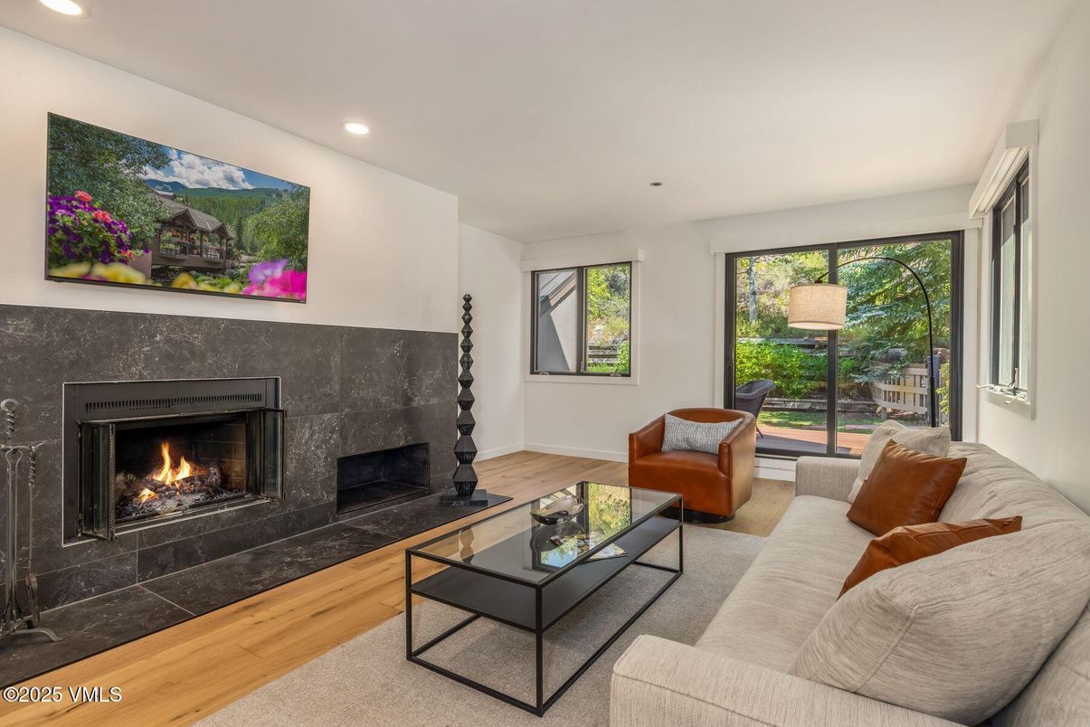 Fireplace, Interior, Living room, Recessed Lighting, Wood Texture Flooring