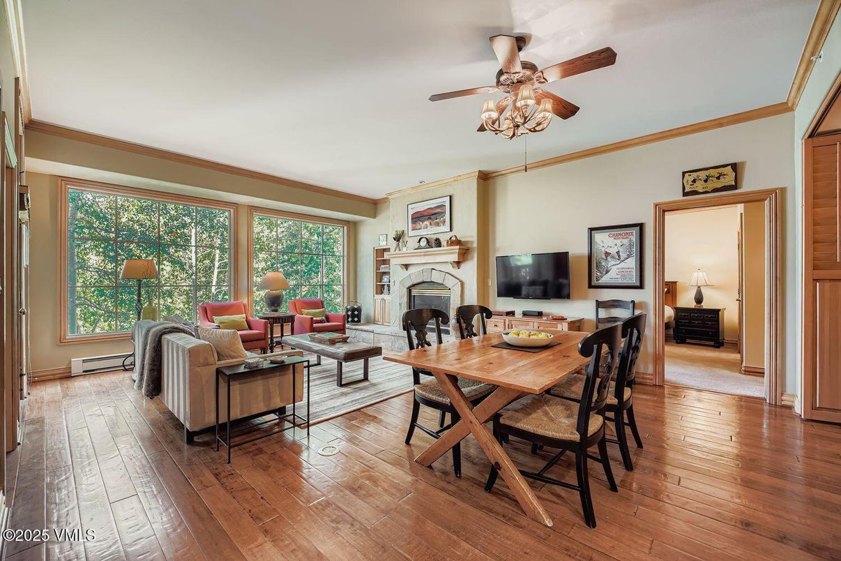 Dining room, Fireplace, Interior, Living room, Wood Texture Flooring