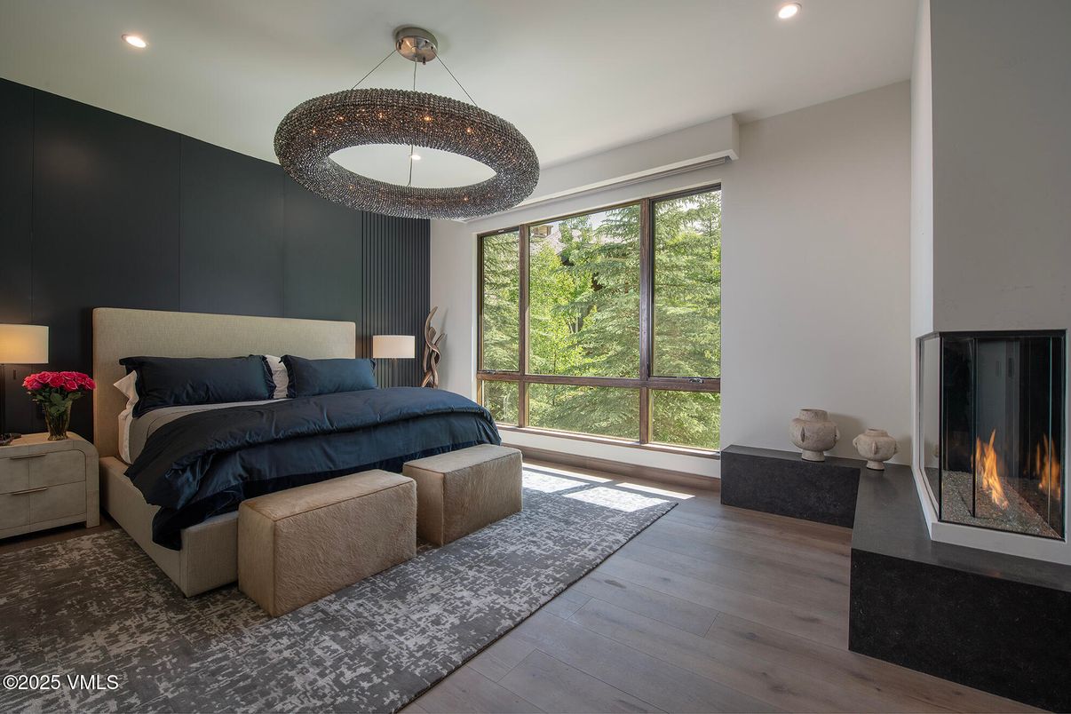 Bedroom, Fireplace, Interior, Pendant Lights, Recessed Lighting, Wood Texture Flooring