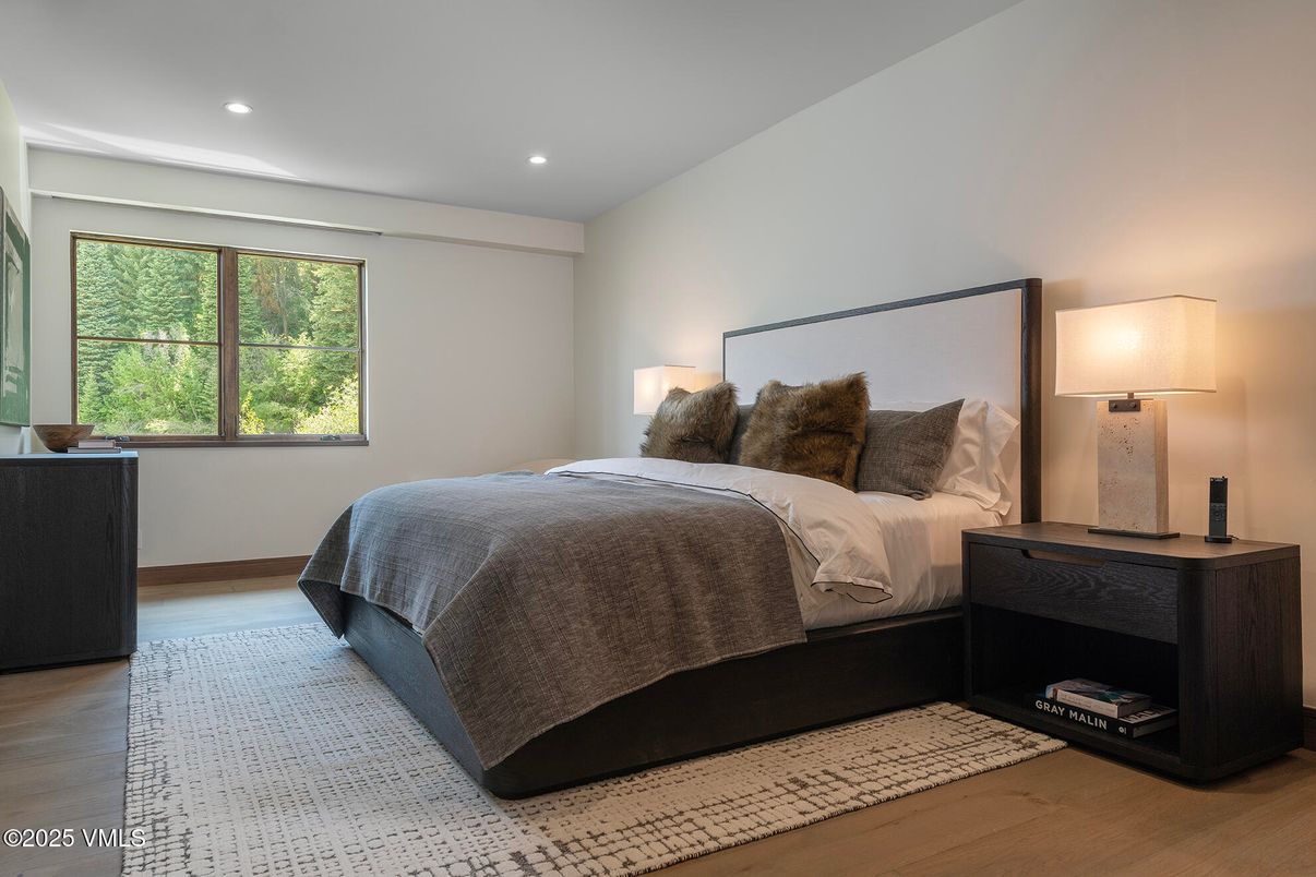 Bedroom, Interior, Recessed Lighting, Wood Texture Flooring