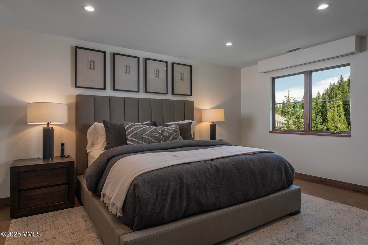 Bedroom, Interior, Recessed Lighting, Wood Texture Flooring