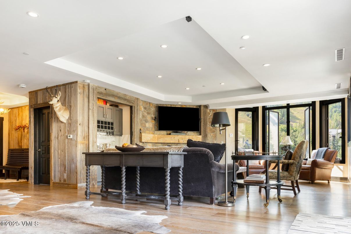 Interior, Living room, Recessed Lighting, Stone Walls, Wood Texture Flooring, Wooden Walls