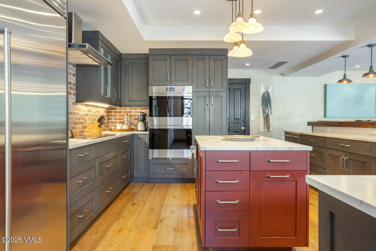 Interior, Kitchen, Pendant Lights, Recessed Lighting, Stainless Steel Appliances, Wood Texture Flooring