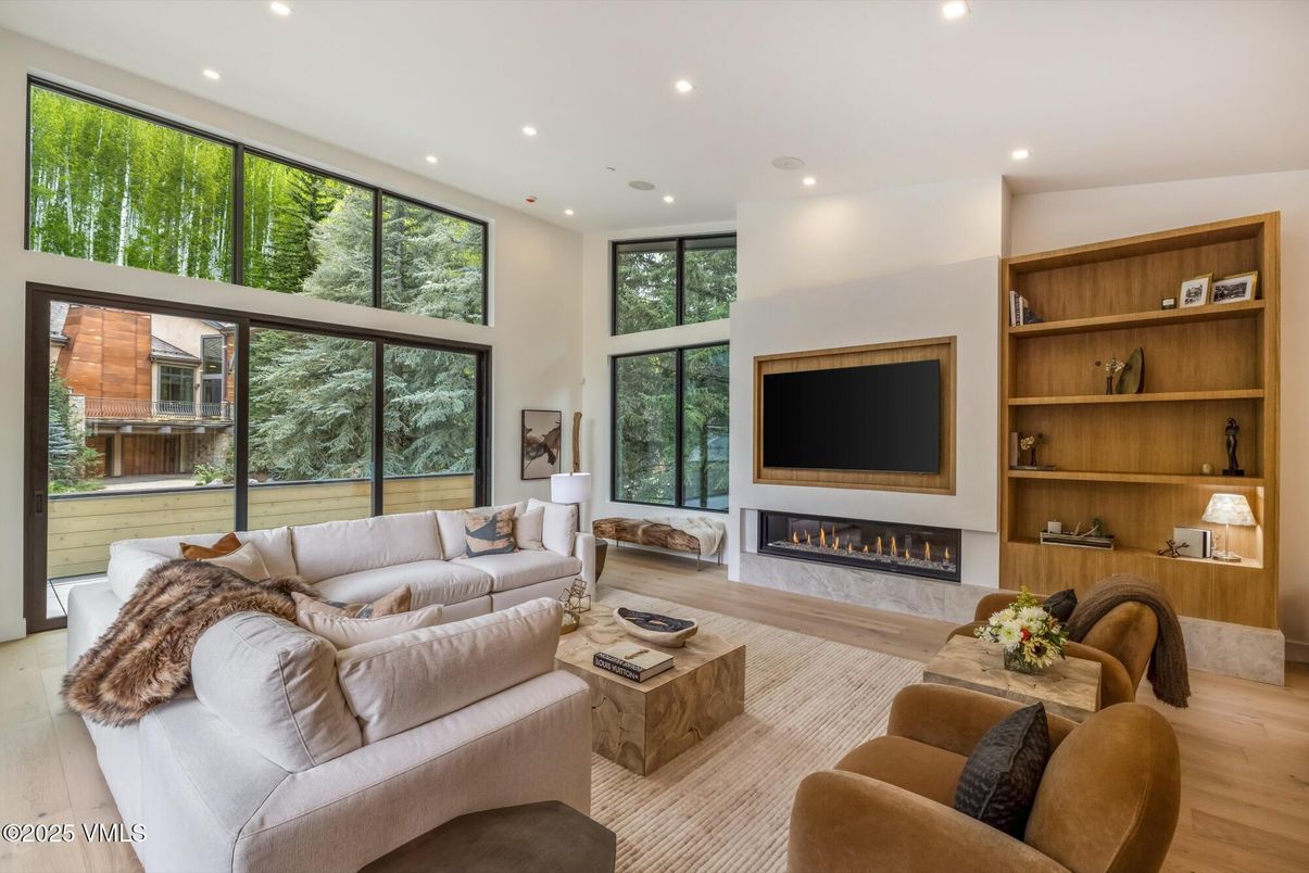 Fireplace, Interior, Living room, Recessed Lighting, Wood Texture Flooring