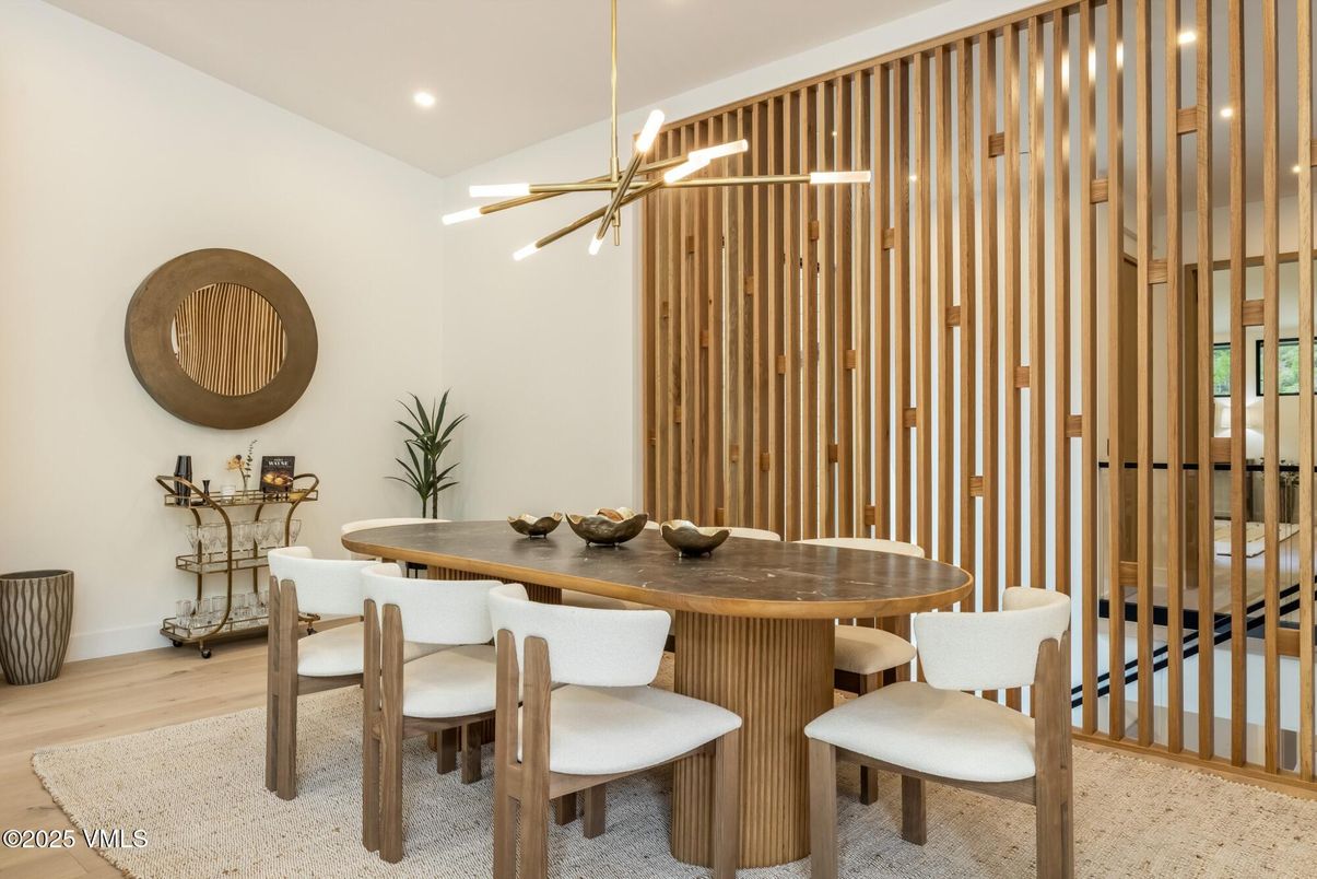 Dining room, Interior, Pendant Lights, Recessed Lighting, Wood Texture Flooring