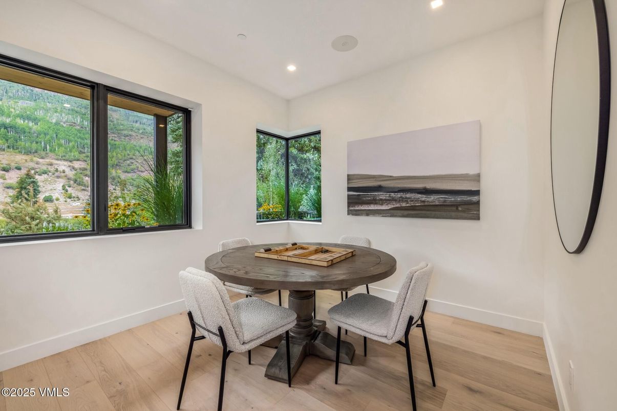 Dining room, Interior, Recessed Lighting, Wood Texture Flooring